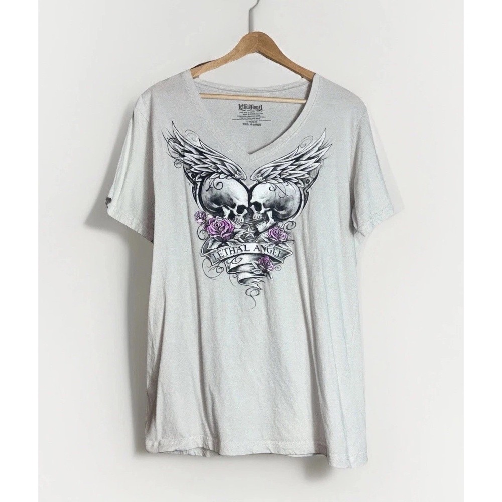 Lethal Angel Skulls V-Neck Woman's XL Tee Roses Biker Whimsy Goth Light Gray